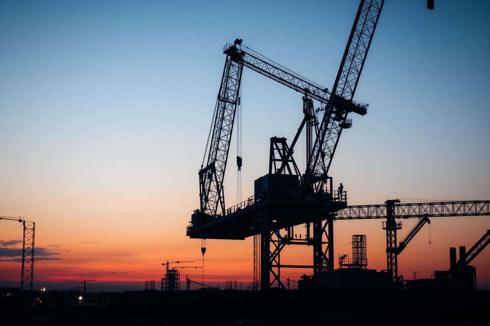 Industrieller Mobilkran auf einer Baustelle in der Abenddämmerung